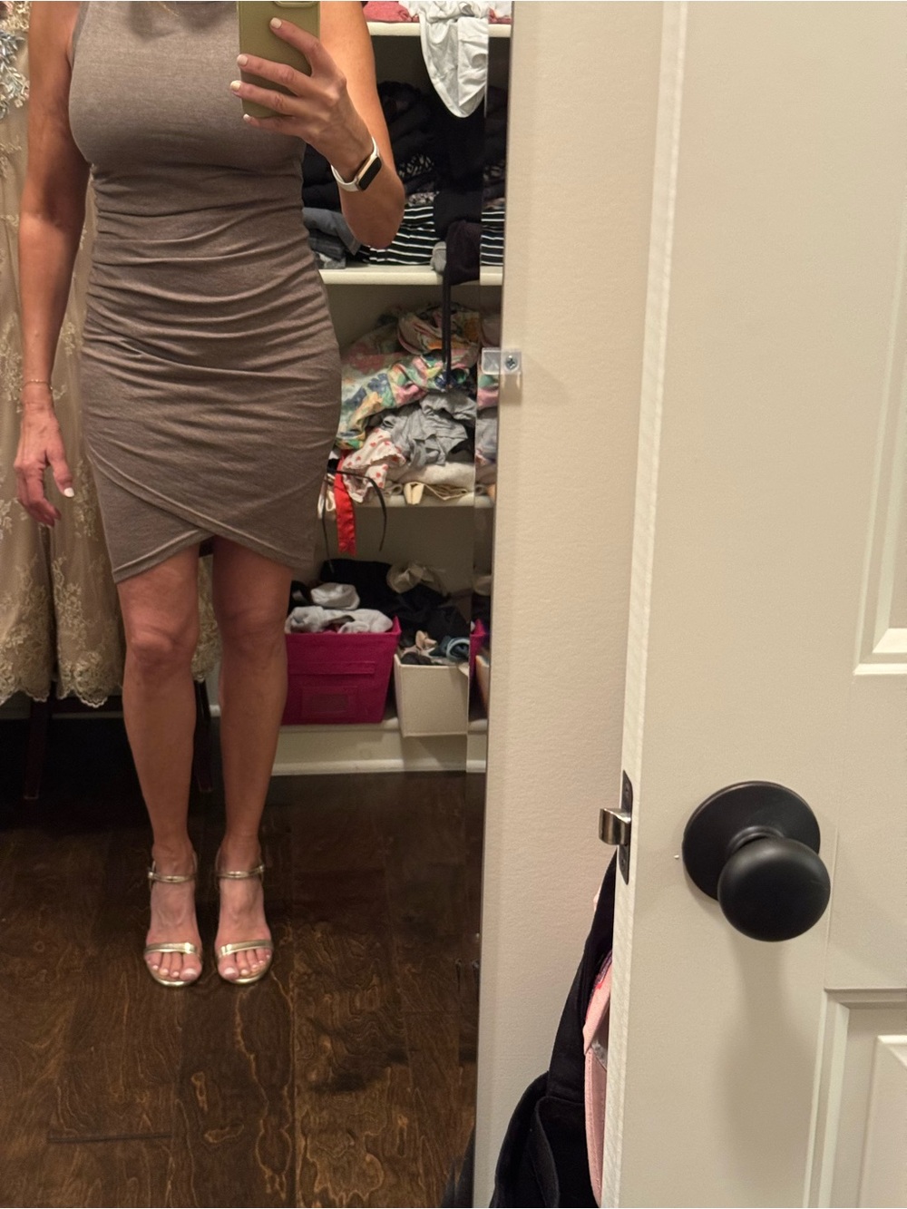 Leith Taupe Sleeveless Ruched Mini Dress